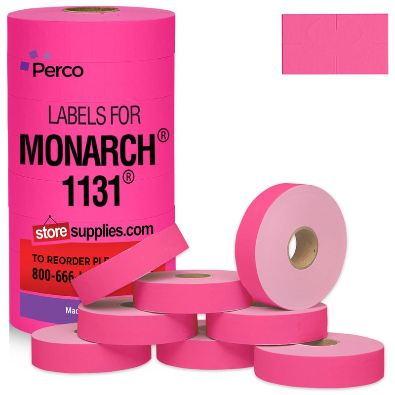 Perco Fluorescent Pink Pricing Labels for Monarch 1131 Price Gun - 1 Sleeve, 8 Rolls, 20,000 Price Marking Labels - with Ink Roll Included - Image 1